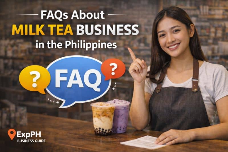 Filipina milk tea shop owner with question icons representing frequently asked questions about milk tea business in the Philippines