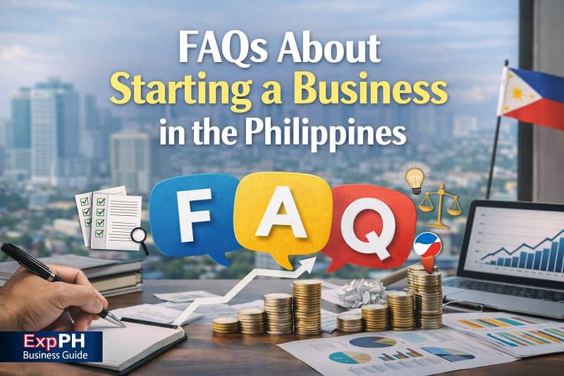 FAQ concept for starting a business in the Philippines with speech bubbles, coins, laptop, and financial charts