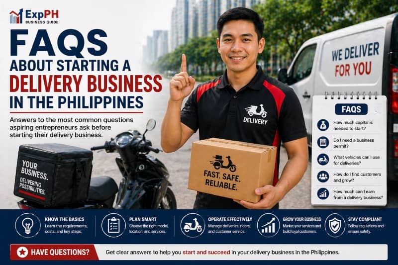 Filipino delivery rider holding package beside motorcycle and delivery van answering common questions about starting a delivery business in the Philippines