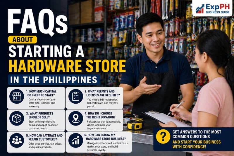 Filipino hardware store owner assisting a customer inside a well-stocked hardware shop, representing frequently asked questions about starting a hardware store in the Philippines