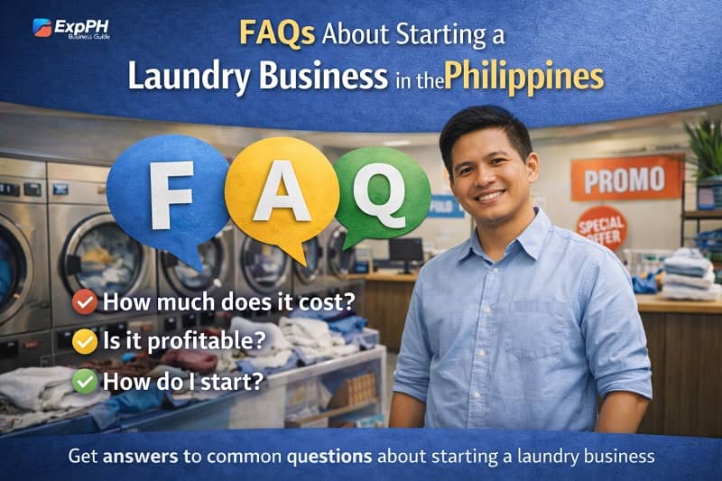 Filipino entrepreneur standing in a laundromat with FAQ icons and common questions about starting a laundry business