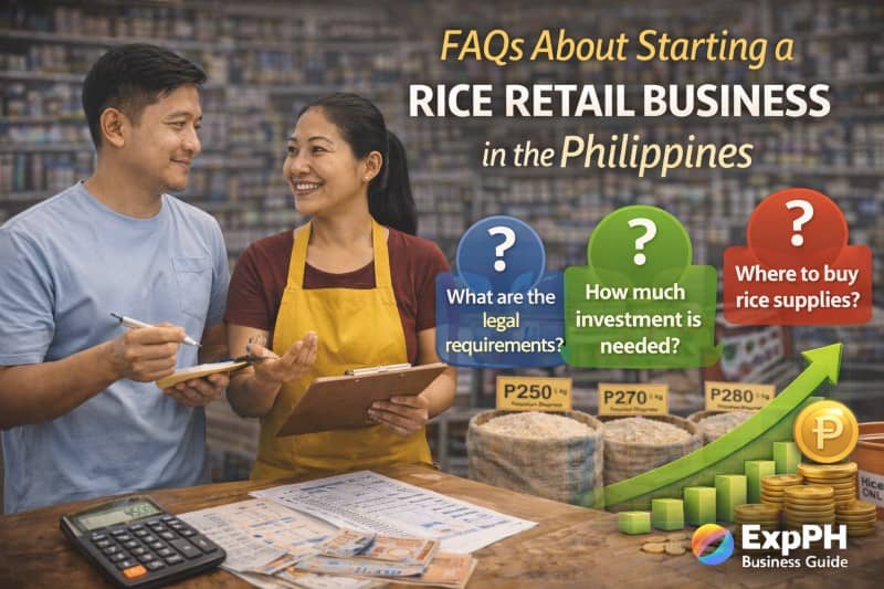 Filipino business owners discussing rice retail business with rice sacks, calculator, and question icons about starting a rice retail business in the Philippines