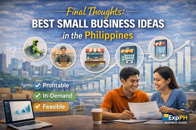 Filipino entrepreneurs reviewing business plans with icons of online selling, food business, and delivery services representing small business ideas in the Philippines