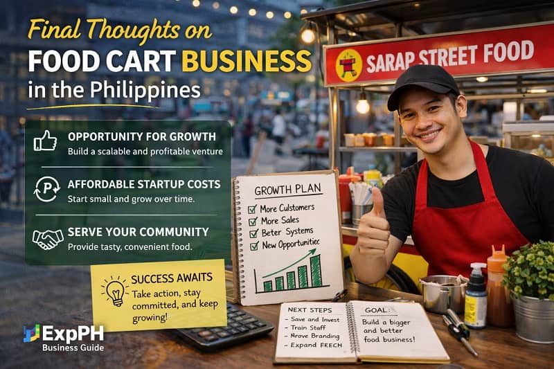 Successful Filipino food cart business owner smiling with growth plan and street food cart in Philippines setting