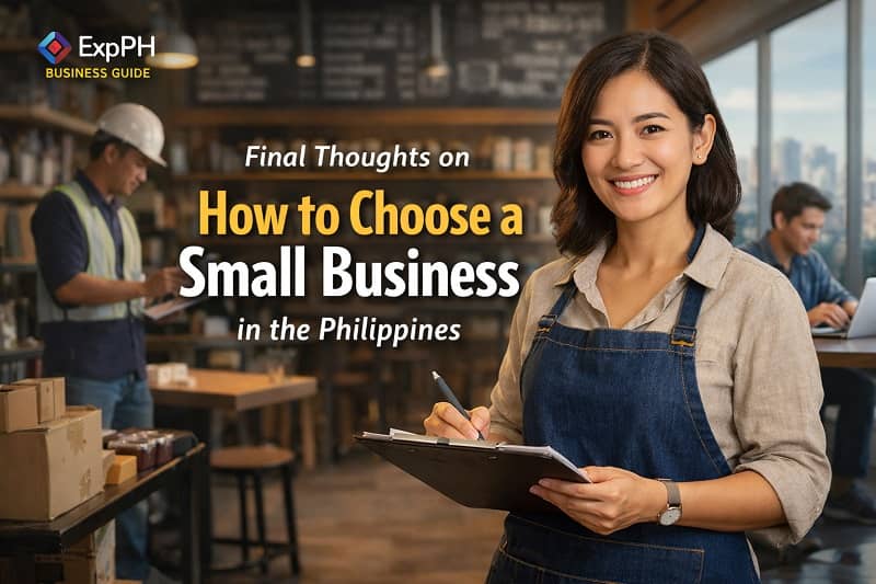 Filipino small business owner reviewing plans in a café while workers manage inventory and freelance work, representing how to choose a small business in the Philippines