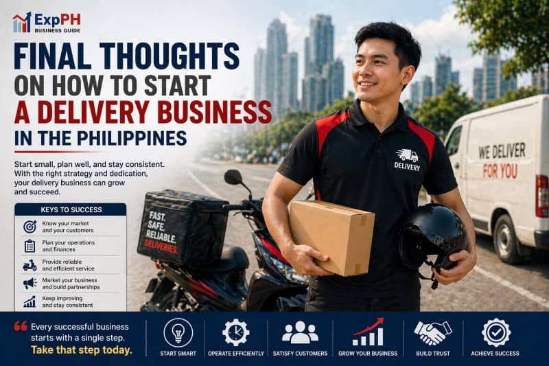 Filipino delivery entrepreneur holding package beside motorcycle and delivery van showing success in starting a delivery business in the Philippines