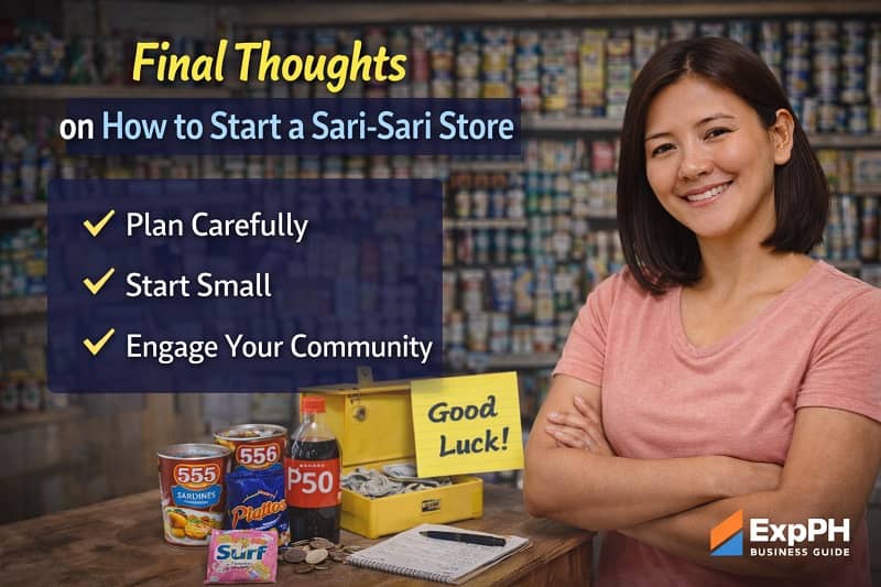 Confident Filipina sari-sari store owner standing in front of stocked shelves with notes, cash, and business tips about starting a small store in the Philippines
