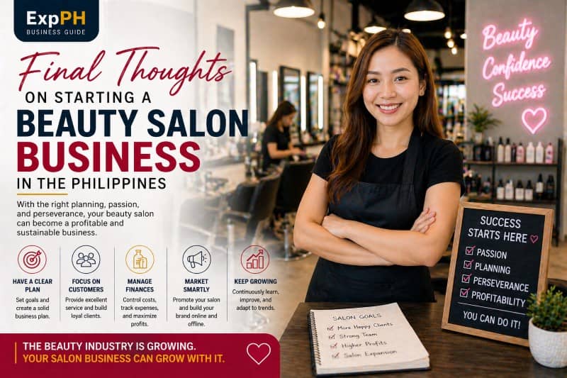 Confident Filipino salon owner standing inside a modern beauty salon with staff and equipment showing success and business growth