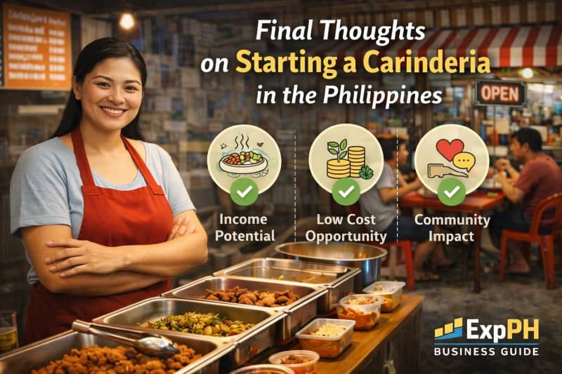 Confident Filipina carinderia owner standing beside food trays, representing final thoughts on starting a carinderia business in the Philippines