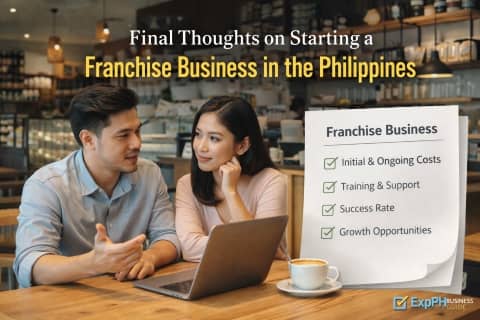 Filipino couple reviewing franchise business plans and financial considerations inside a modern café in the Philippines
