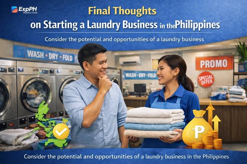 Filipino laundry business owner smiling inside a modern laundromat with washing machines and neatly arranged clothes