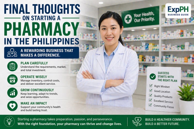 Filipino pharmacist standing confidently inside a modern pharmacy, representing final thoughts on starting a pharmacy business in the Philippines with ExpPH Business Guide logo