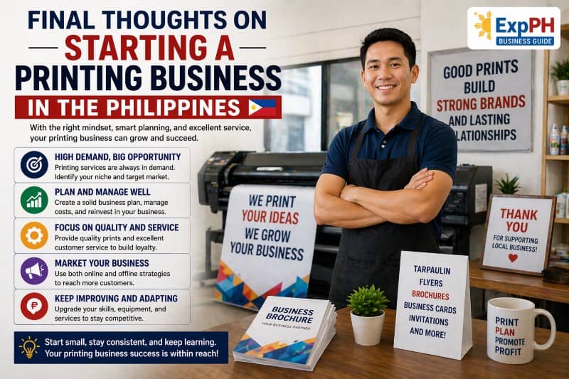 Successful printing business owner in the Philippines with modern print shop setup, showing growth and professional printing services