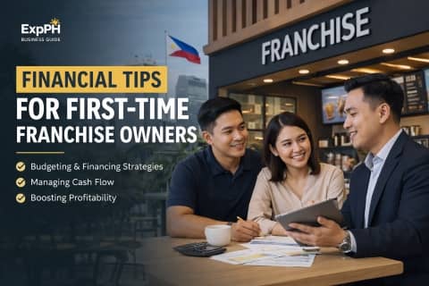Filipino franchise owners discussing budgeting and financial planning with an advisor inside a modern franchise café in the Philippines