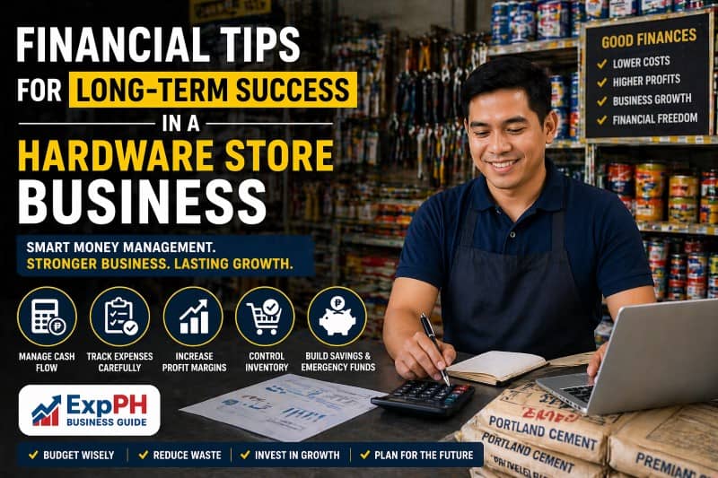 Filipino hardware store owner managing finances using a calculator and laptop inside a hardware shop, representing financial tips for long-term business success in the Philippines