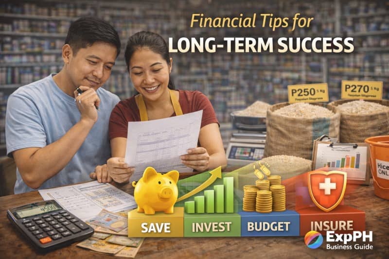 Filipino business owners reviewing finances with calculator, cash, and documents showing financial tips for long term success in a rice retail business