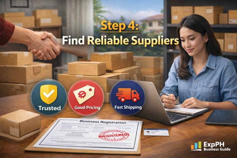 Filipino online seller finding reliable suppliers with handshake boxes and shipping icons for e commerce business