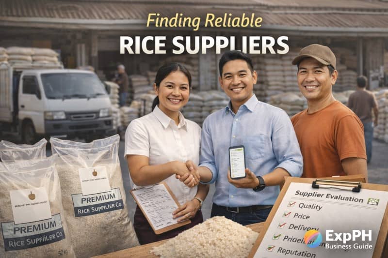 Filipino rice business owner meeting suppliers with rice sacks, delivery truck, and supplier checklist for finding reliable rice suppliers
