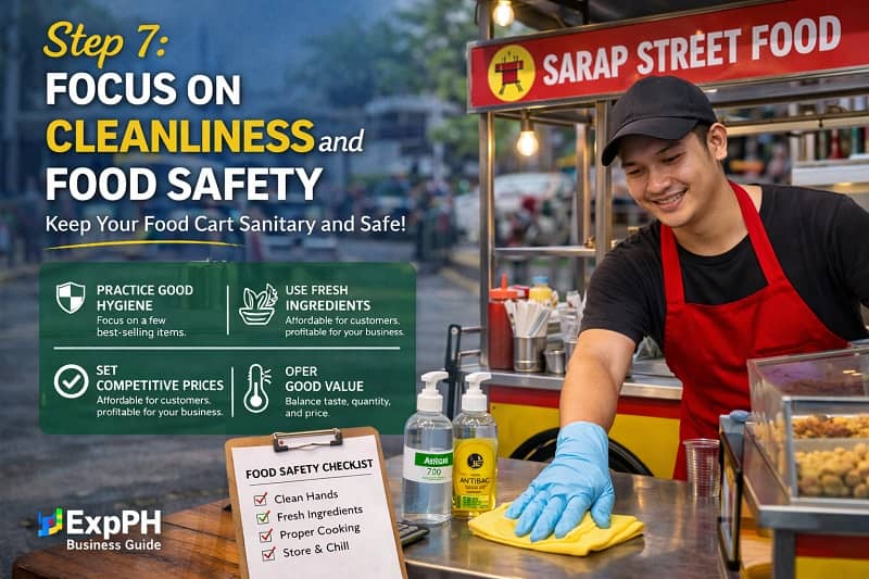 Food cart vendor practicing cleanliness and food safety with gloves hairnet and clean setup in Philippines