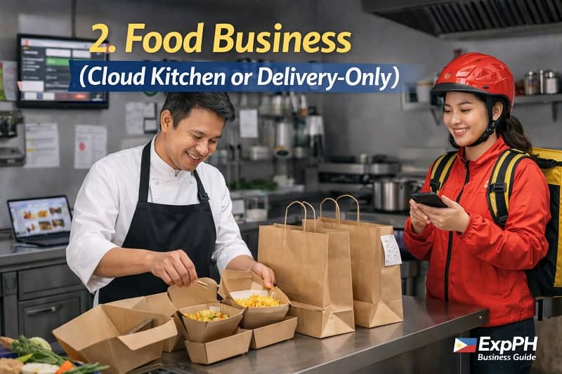 Filipino cloud kitchen setup with food containers, packaging materials, and delivery rider pickup for online food business