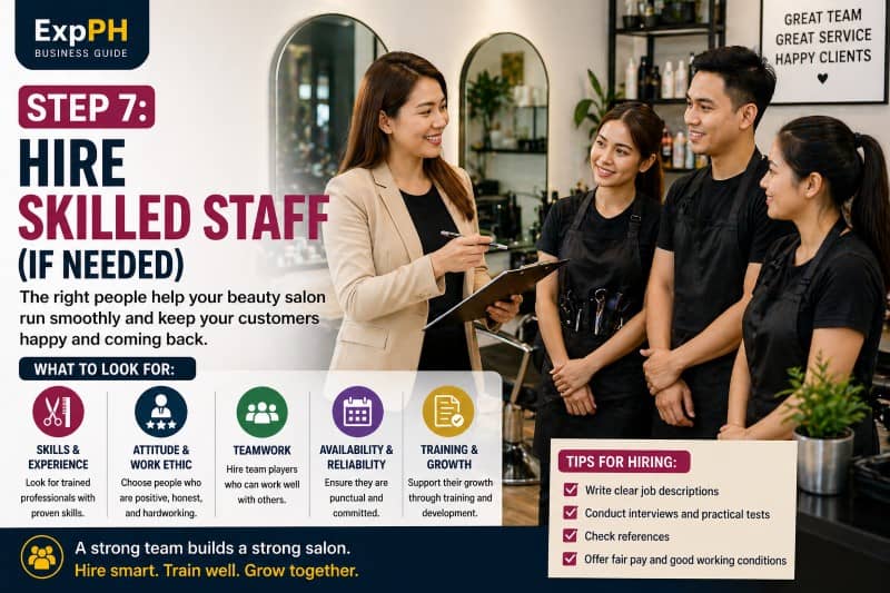Salon owner interviewing a hairstylist in the Philippines inside a modern beauty salon with professional equipment and staff