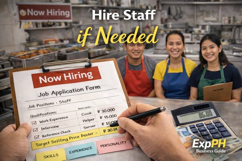 Hiring staff for a carinderia in the Philippines with job application form, applicants, and kitchen background