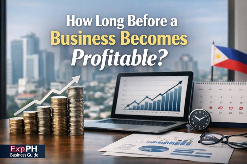 Business profitability timeline concept with coins, growth chart, laptop, and Metro Manila background showing financial growth in the Philippines