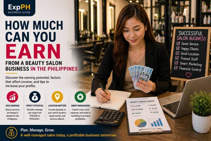 Filipino salon owner calculating earnings and holding cash inside a modern beauty salon while reviewing financial records