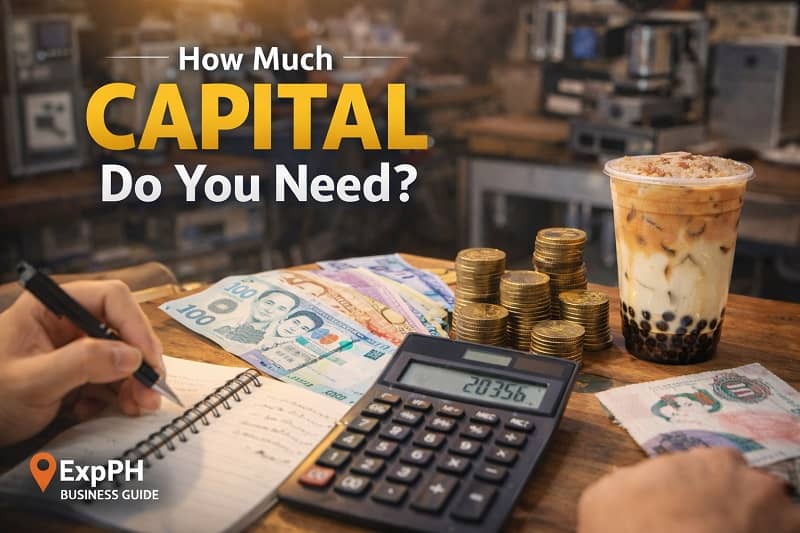 Calculator, Philippine peso cash, and milk tea on table showing capital planning for a milk tea business in the Philippines