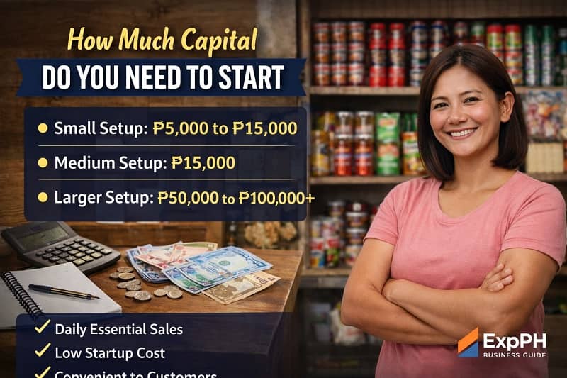 Filipina sari-sari store owner with cash, calculator, and product shelves showing startup capital requirements for starting a small business in the Philippines
