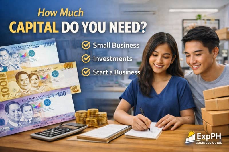 Filipino entrepreneur calculating startup capital for online selling business with cash, calculator, and laptop in a home workspace