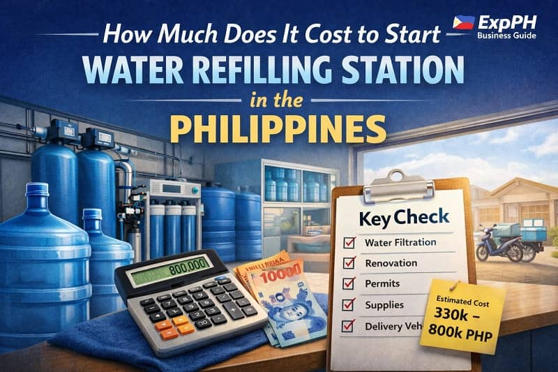 Water refilling station startup cost in the Philippines showing equipment, containers, calculator, and estimated investment range
