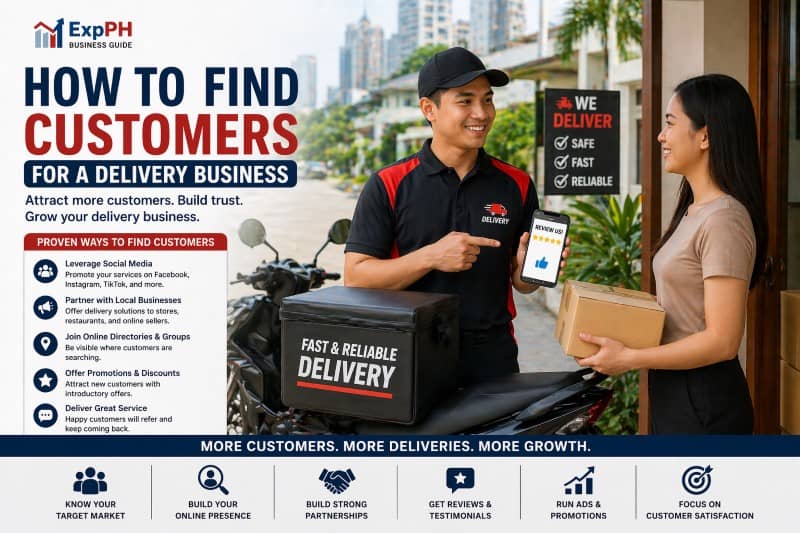 Filipino delivery rider interacting with customer while promoting delivery services using smartphone and package in the Philippines