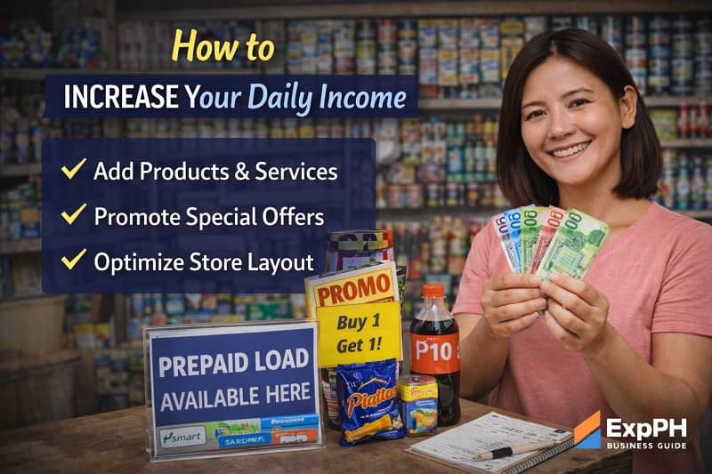 Filipina sari-sari store owner serving customers and offering services like mobile loading and digital payments to increase daily income in the Philippines