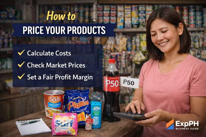 Filipina sari-sari store owner using a calculator and pricing products like snacks and drinks with price tags inside a neighborhood store in the Philippines