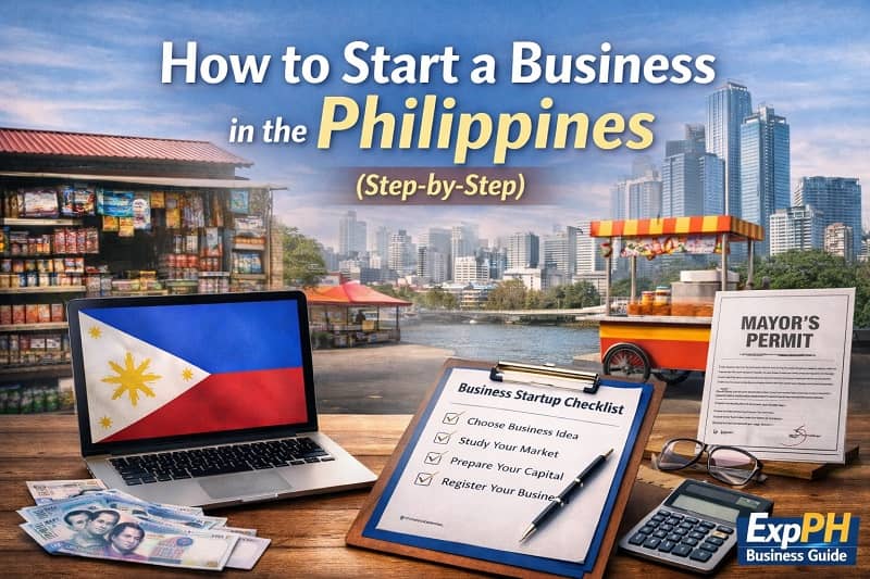 Step-by-step guide to starting a business in the Philippines showing startup checklist, laptop with Philippine flag, money, and small local businesses like sari-sari store and food cart