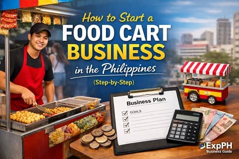 Filipino street food vendor preparing food cart business with planning tools and Philippine setting