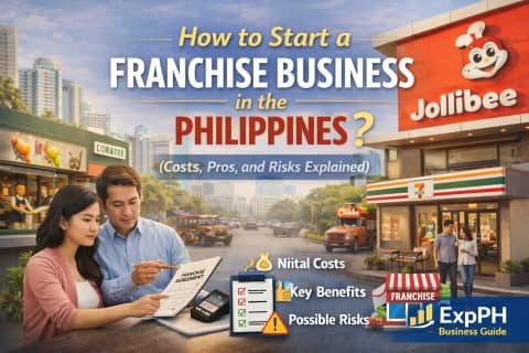 Filipino couple reviewing a franchise agreement with franchise stores in the Philippines and ExpPH Business Guide logo