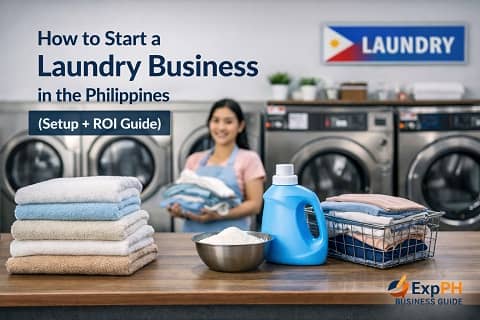 Laundry business setup in the Philippines with washing machines, detergent, and a Filipino entrepreneur inside a modern laundromat