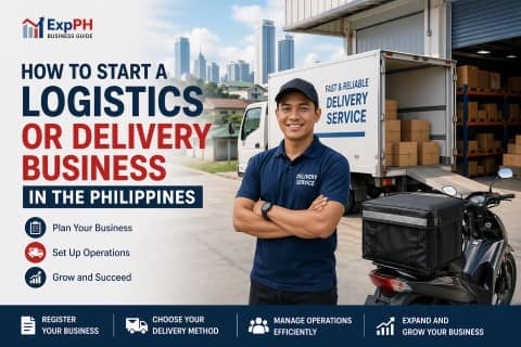 Filipino delivery rider with motorcycle and delivery truck showing logistics business setup in the Philippines