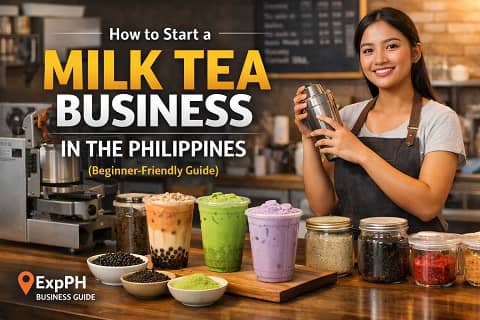 Milk tea business setup in the Philippines with barista preparing drinks and ingredients on display