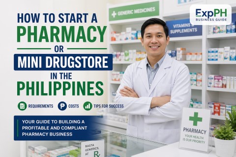 Filipino pharmacist inside a modern drugstore with medicine shelves, featuring text about how to start a pharmacy or mini drugstore in the Philippines with ExpPH Business Guide logo