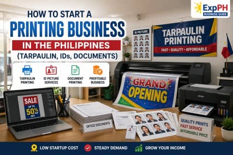 Printing business setup in the Philippines with tarpaulin printer, ID photo services, and document printing equipment in a small shop