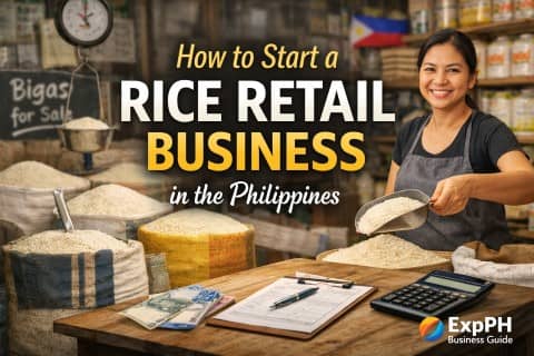 Filipino rice retail store with vendor selling rice, sacks of rice, weighing scale, and business tools for starting a rice retail business in the Philippines
