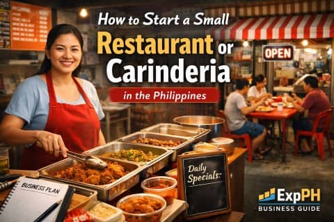 Filipina business owner serving food in a carinderia setup with Filipino dishes, illustrating how to start a small restaurant or carinderia in the Philippines