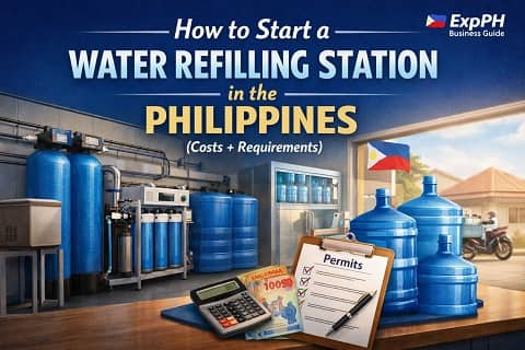 Water refilling station setup in the Philippines with filtration equipment, containers, and business permits for startup guide