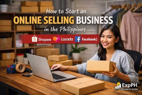 Filipino online seller packing orders at home with Shopee, Lazada, and Facebook platforms for an online selling business in the Philippines
