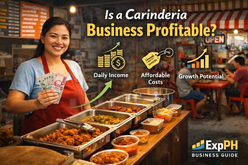 Filipina carinderia owner holding cash while serving Filipino dishes, showing profitability of a small food business in the Philippines