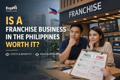 Filipino couple evaluating franchise business pros and cons inside a modern café in the Philippines with ExpPH Business Guide branding