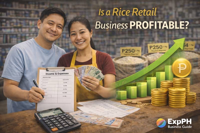 Filipino rice business owners holding money and financial records with rice sacks and growth chart showing profitability of a rice retail business
